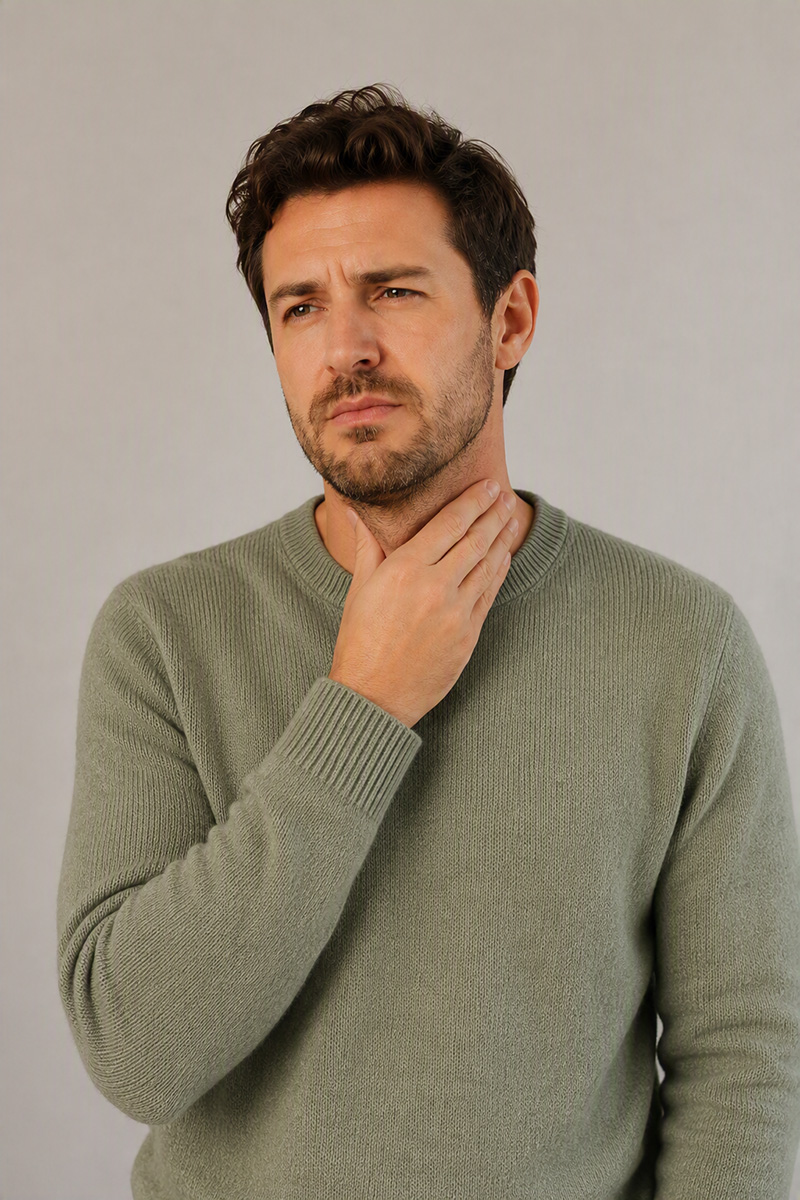 Ragazzo con un maglione che si tiene la gola con una mano e l'espressione dolorante